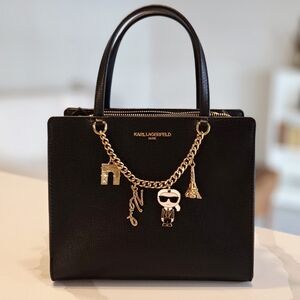 Karl Lagerfeld Paris Saffiano Leather Satchel Crossbody Black Gold Hardware